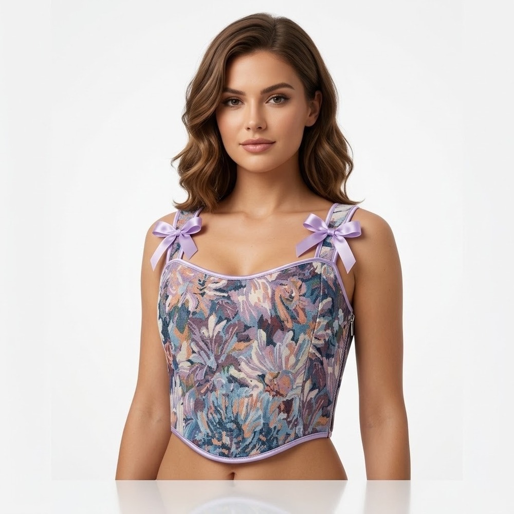 Scarlet Darkness Women Purple Floral Tapestry Lace Up Corset Top Size 16 NWT